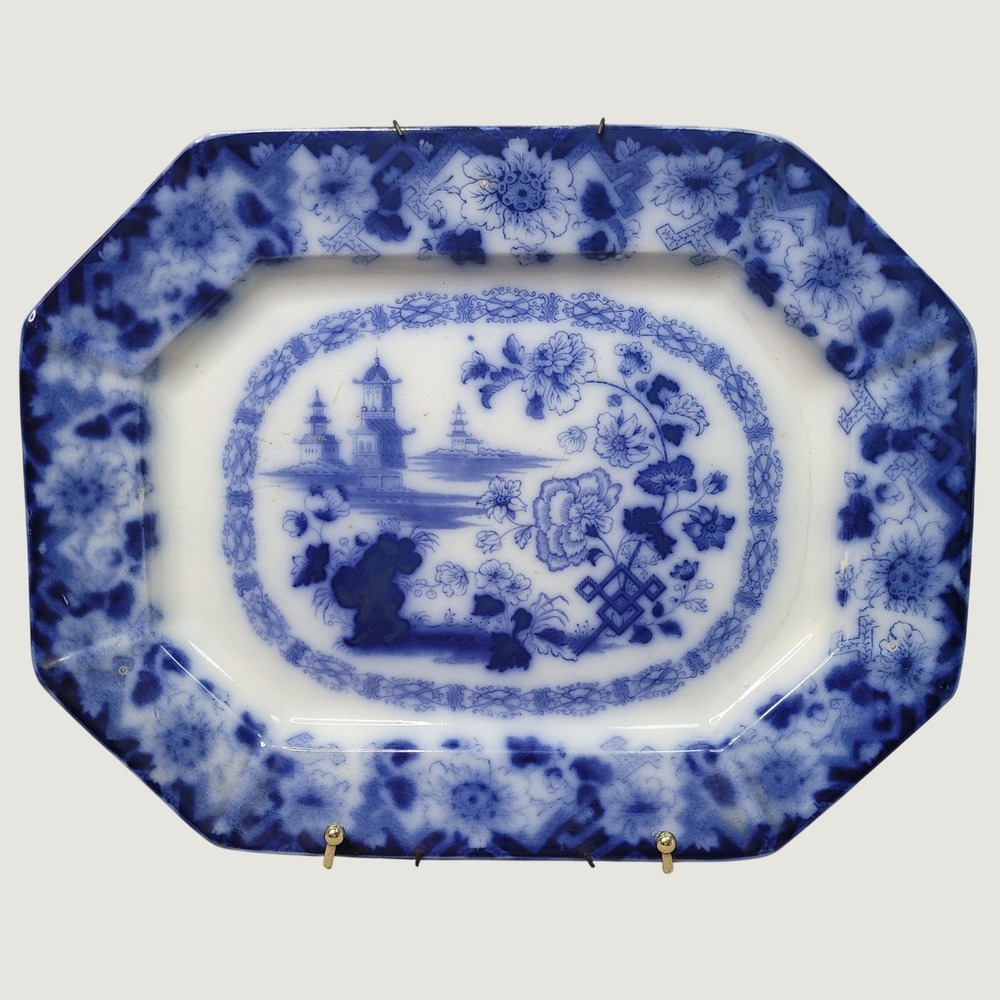 Antique c1850 Staffordshire ROCK Flow Blue Transferware Large Platter 15"